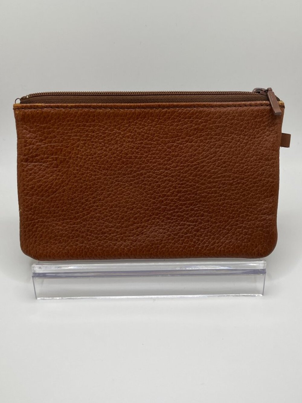 Burberry Cognac Pebbled Leather Haymarket Check Lined Pouch
